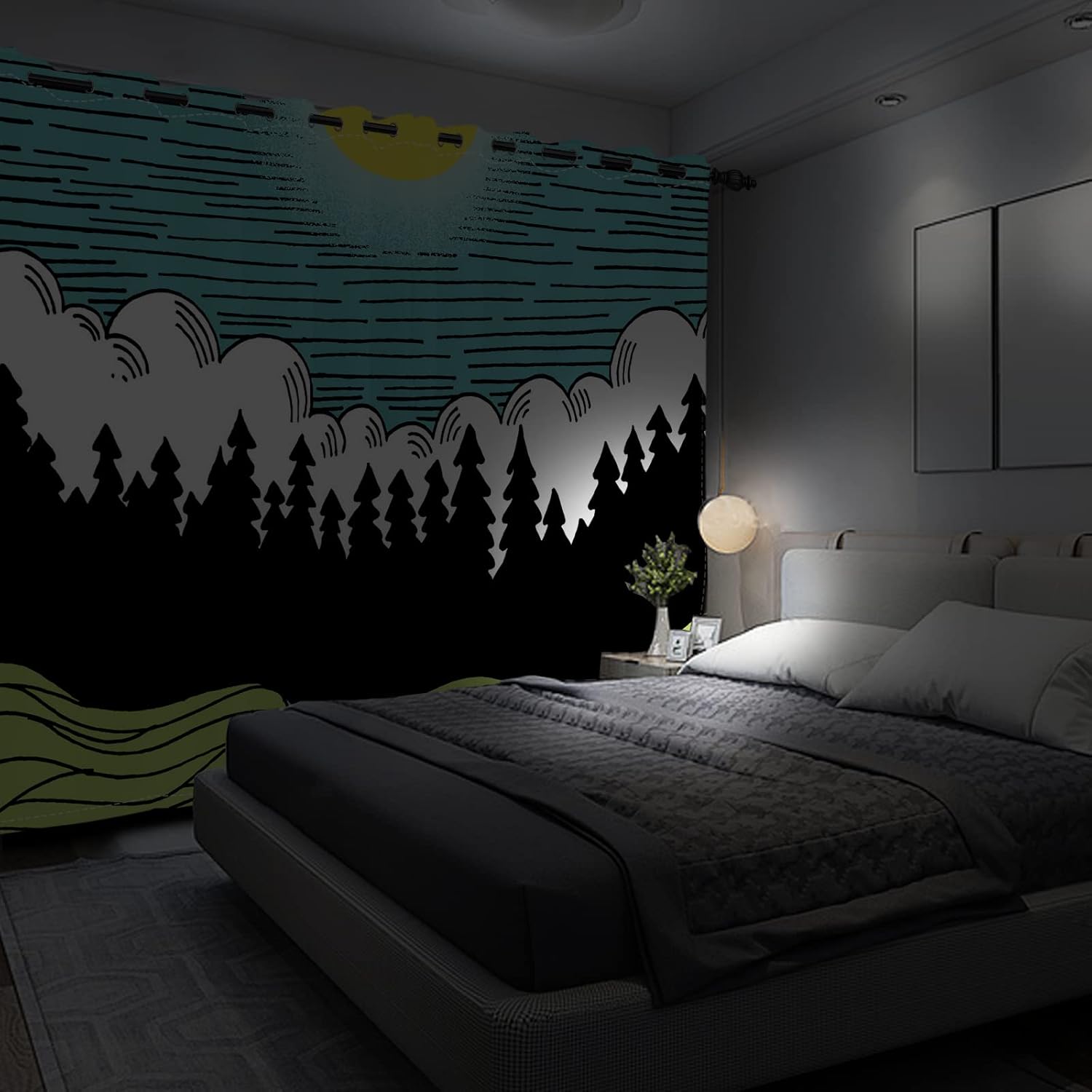 Yeele 26x96inches Mountain Forest Window Curtains Abstract Mountain Pine Tree Sun Green Grassland Boho Mid Century Window Drapes 2 Panels Blackout Thermal Insulated Curtains for Living Room Bedroom