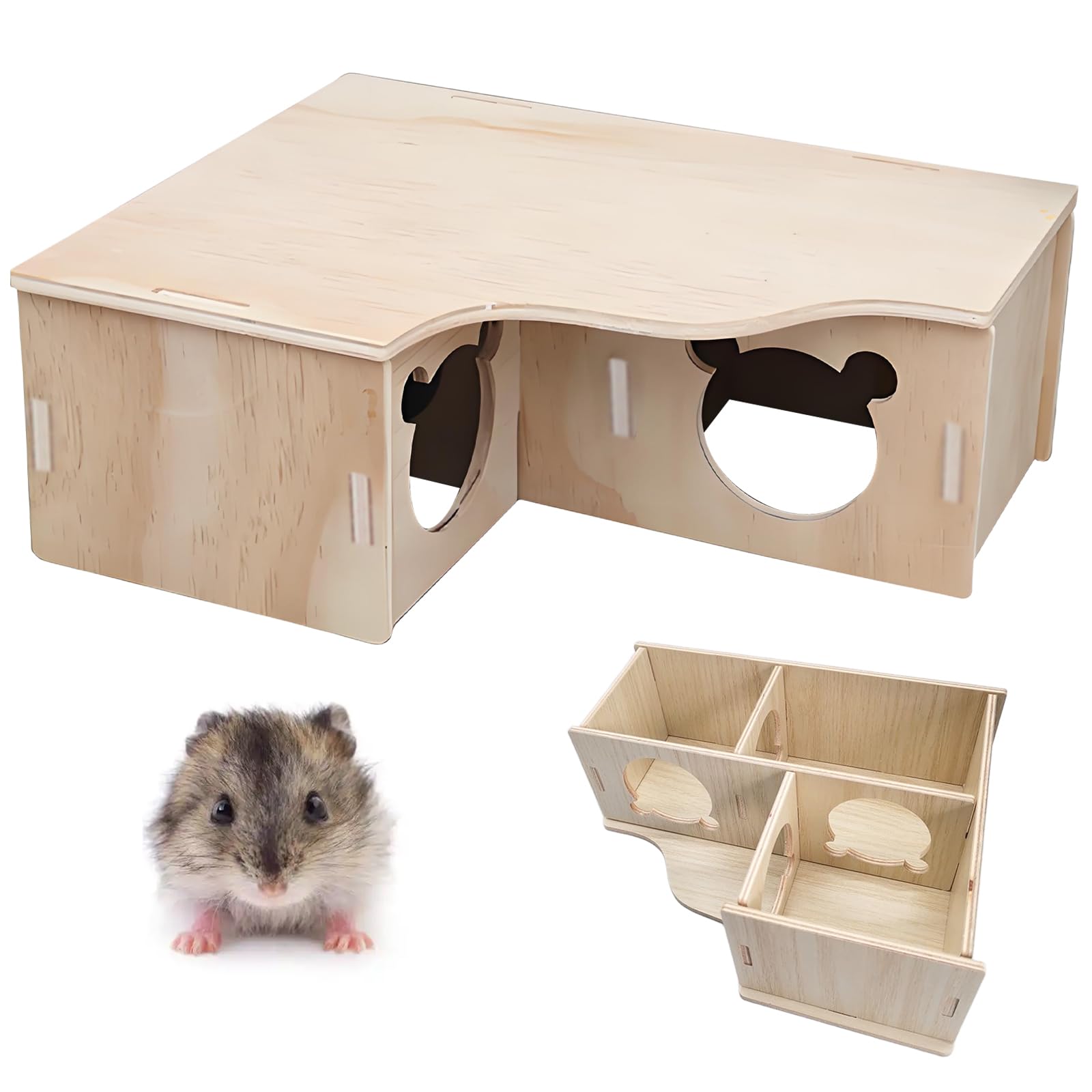 SenZee Maison pour hamster en bois, cachette multi-chambres en bois avec couvercle pour hamsters et petits animaux de compagnie