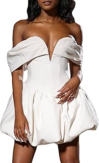 Women's V Neck Off Shoulder Bubble Mini Dress Y2K Sexy Backless A Line Party Cocktail Puffy Short Dresses - Buy now