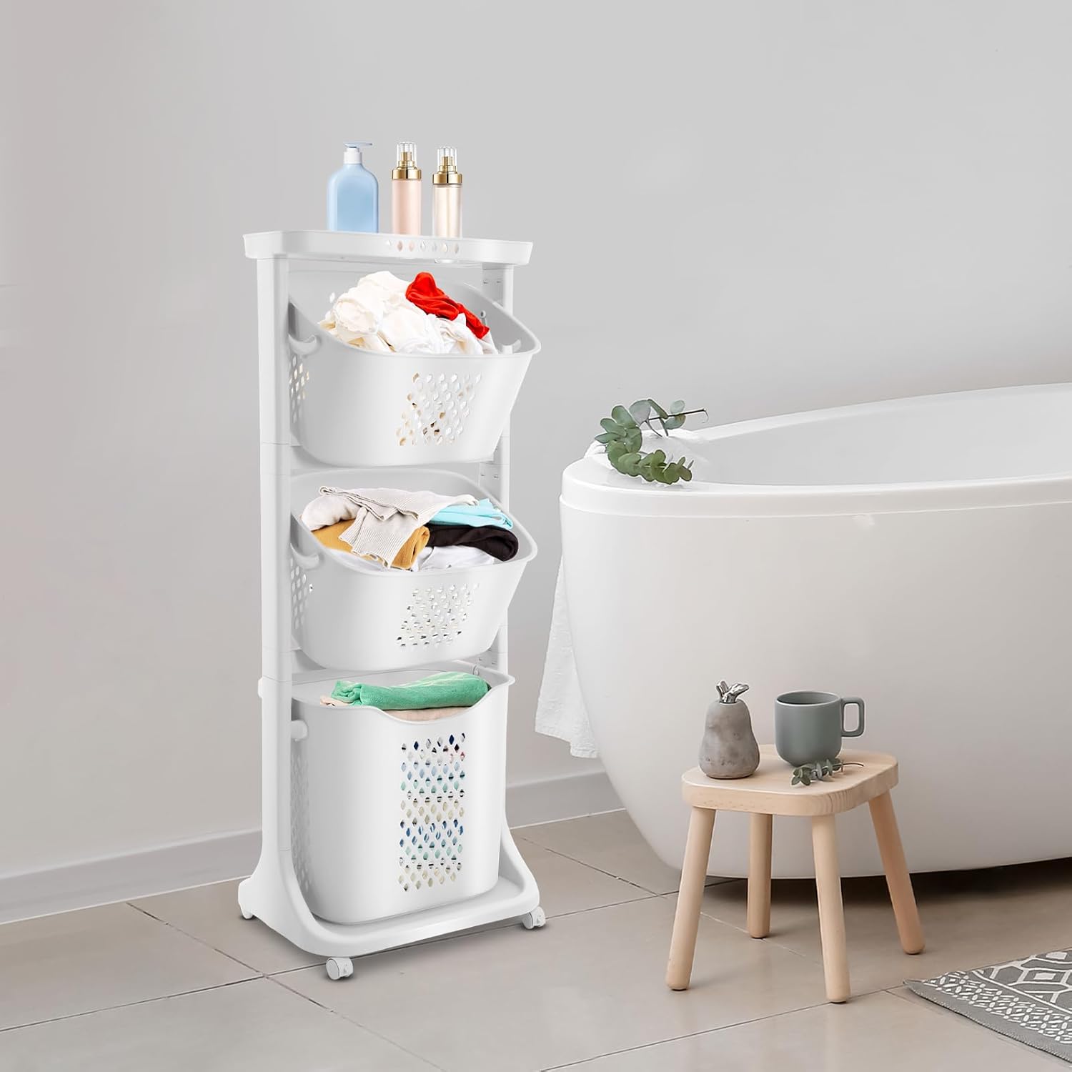 White Laundry Baskets 3 Tier White Rolling Laundry Hamper Cart with Wheels and Portable Storage Baskets Free Standing Clothes Laundry Basket Organizer for Bathrooms,Laundry Rooms