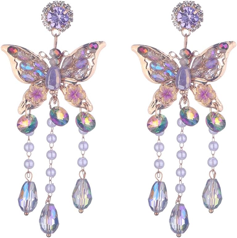 Kercisbeauty Rhinestones Pink Butterfly Earrings with Crystal Fringe Tassels Earrings Jewelry for Women Girls Kercisbeauty Rhinestones Pink Butterfly Earrings with Crystal Fringe Tassels Earrings Jewelry for Women Girls