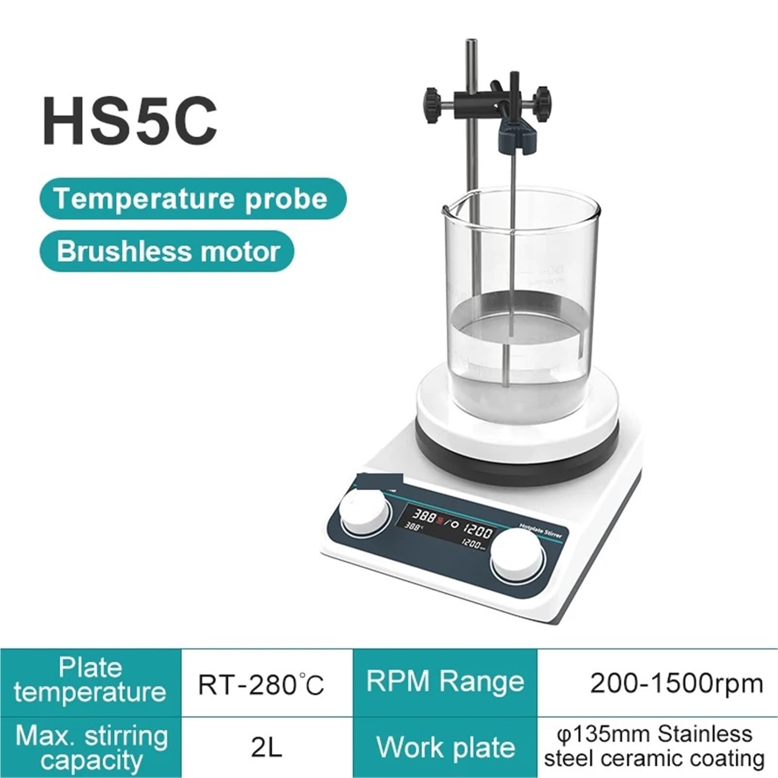 Homogenizator, Mieszadło magnetyczne z cyfrowym wyświetlaczem grzania, termostatyczne, laboratoryjne, płyta grzewcza, mieszadło, 20 l(HS5C(2L LCD))