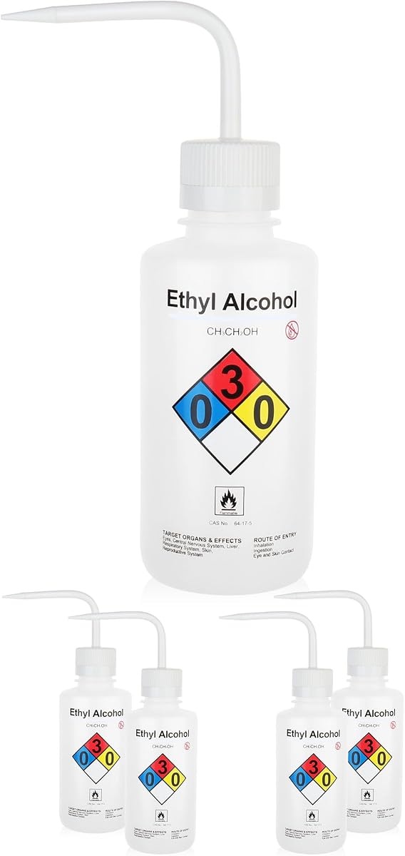 4 unidades de botellas de lavado con alcohol etílico, volumen 500 ml (17 oz), boca estrecha, botella de lavado de seguridad con ventilación automática, material LDPE, IN-WBE500