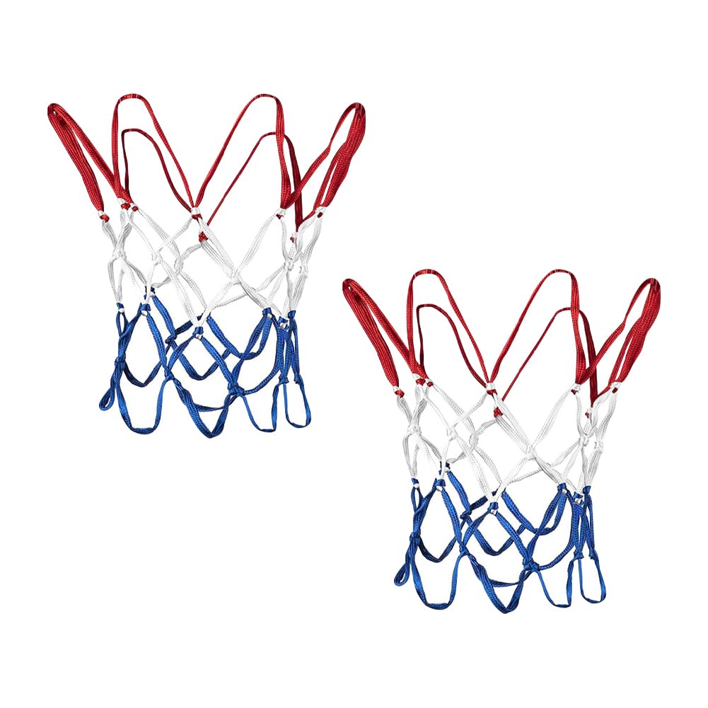 JIHUOO Lot de 2 petits filets de basket-ball à 8 boucles, rouge, blanc et bleu, filet de basket-ball d'extérieur