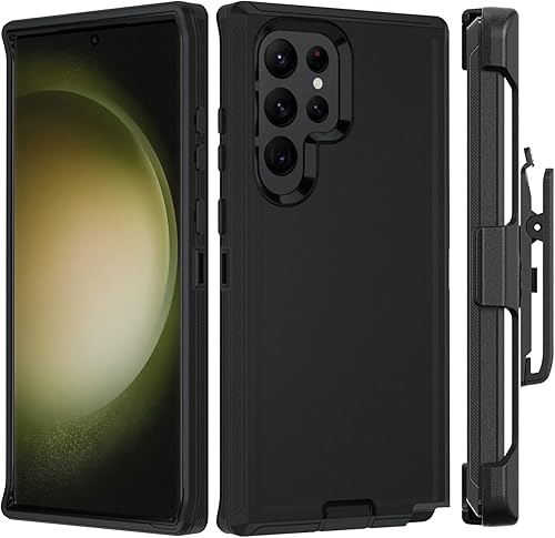 Miimall Funda compatible con Galaxy S23 Ultra, funda para S23 Ultra desmontable, clip para cinturón, función atril, bordes elevados, protección de