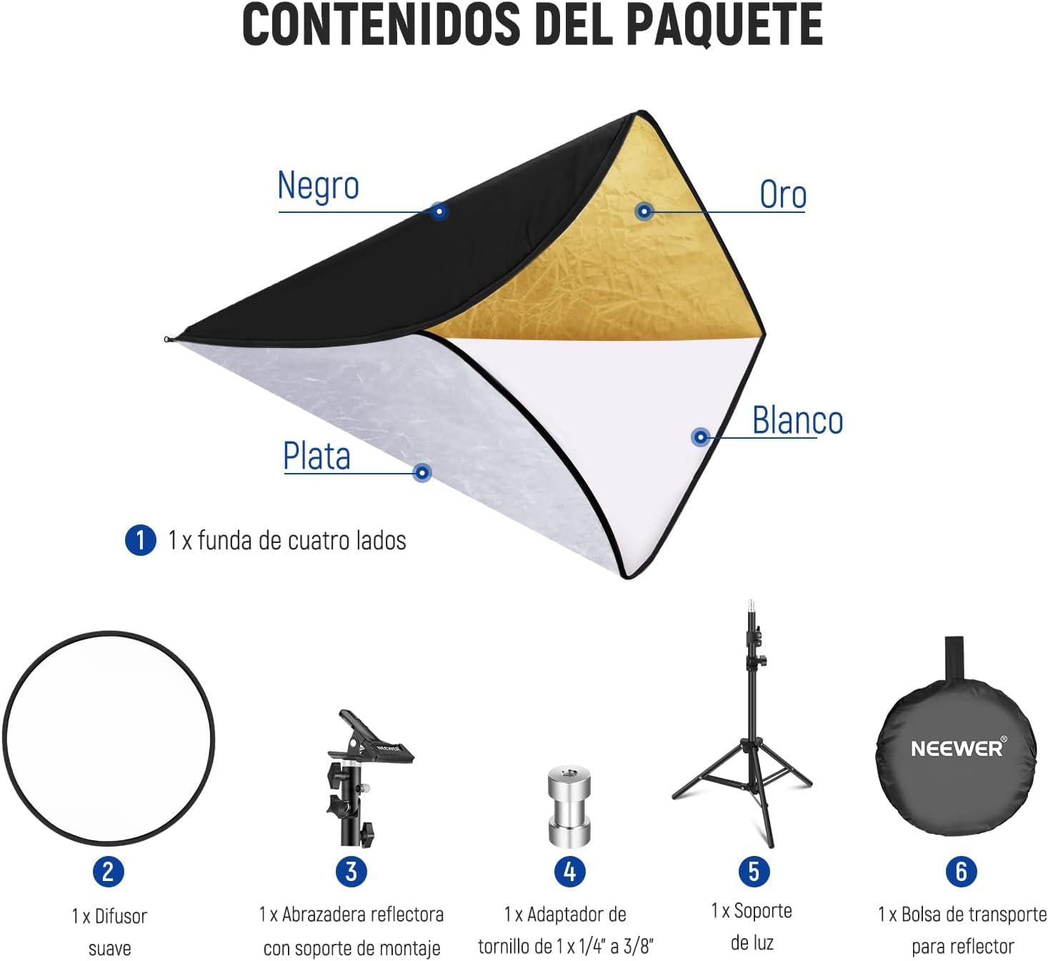 NEEWER Kit de Reflector de Luz de 43"/110cm, Reflector Redondo Plegable 5 en 1 (Translúcido/Plateado/Dorado/Blanco/Negro), Abrazadera de Metal y Soporte Corto de 21"-43"/53-110cm para Fotografía