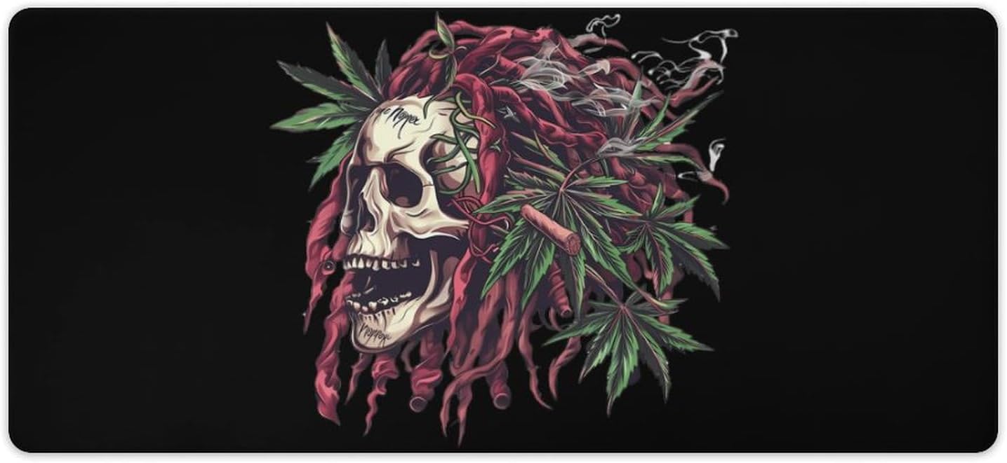 Rasta Skull Weed Smoking Non-Slip Desk Mat for Gaming Keyboard and Mouse Pad with Stitched Edges for Home Office Decor