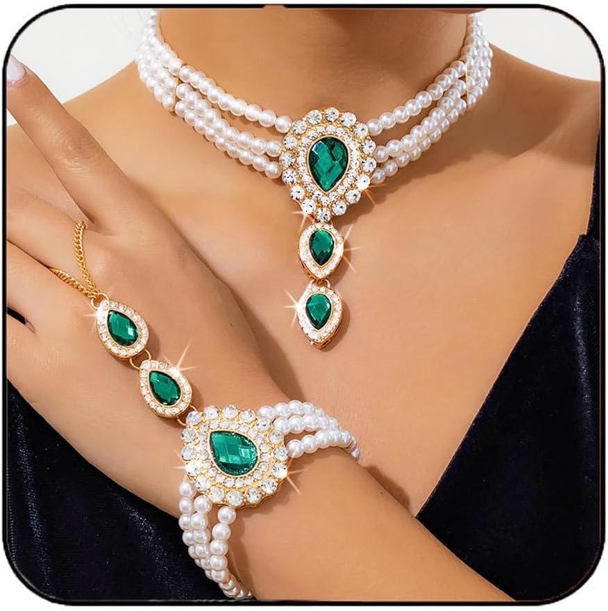 Brishow Pearl Choker Necklaces Set Green Crystal Bridal Jewelry Sets for Wedding Layered Pearl Costume Jewelry Bracelets Set for Women