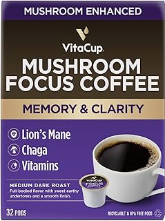 VitaCup Focus Mushroom Coffee Pods, Boost Focus & Immunity w/Lions Mane, Chaga, B Vitamins, D3 for Memory & Clarity, Medium Roast, Recyclable Single Serve Pod Compatible w/Keurig K-Cup Brewers,32 Ct