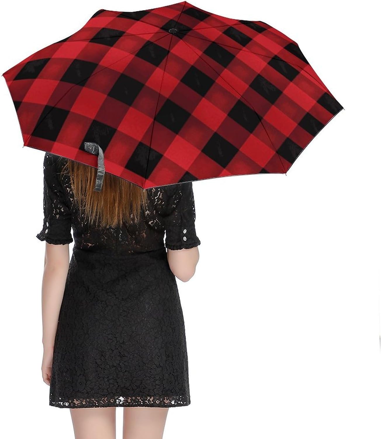 Red Black Buffalo Check Plaid Pattern 3 42.5 Inch Commuter Umbrella.Windproof Travel Umbrellas Sun UV Compact Umbrella for Rain Men's & Ladies Sturdy Windproof W/Auto Open Cl