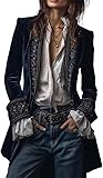 Women's Vintage Navy Polyester Velvet Embroidered Long Jacket, Solid V-Neck Retro Boho Blouse Top Velvet Blazer Vintage, Blue, X-Large