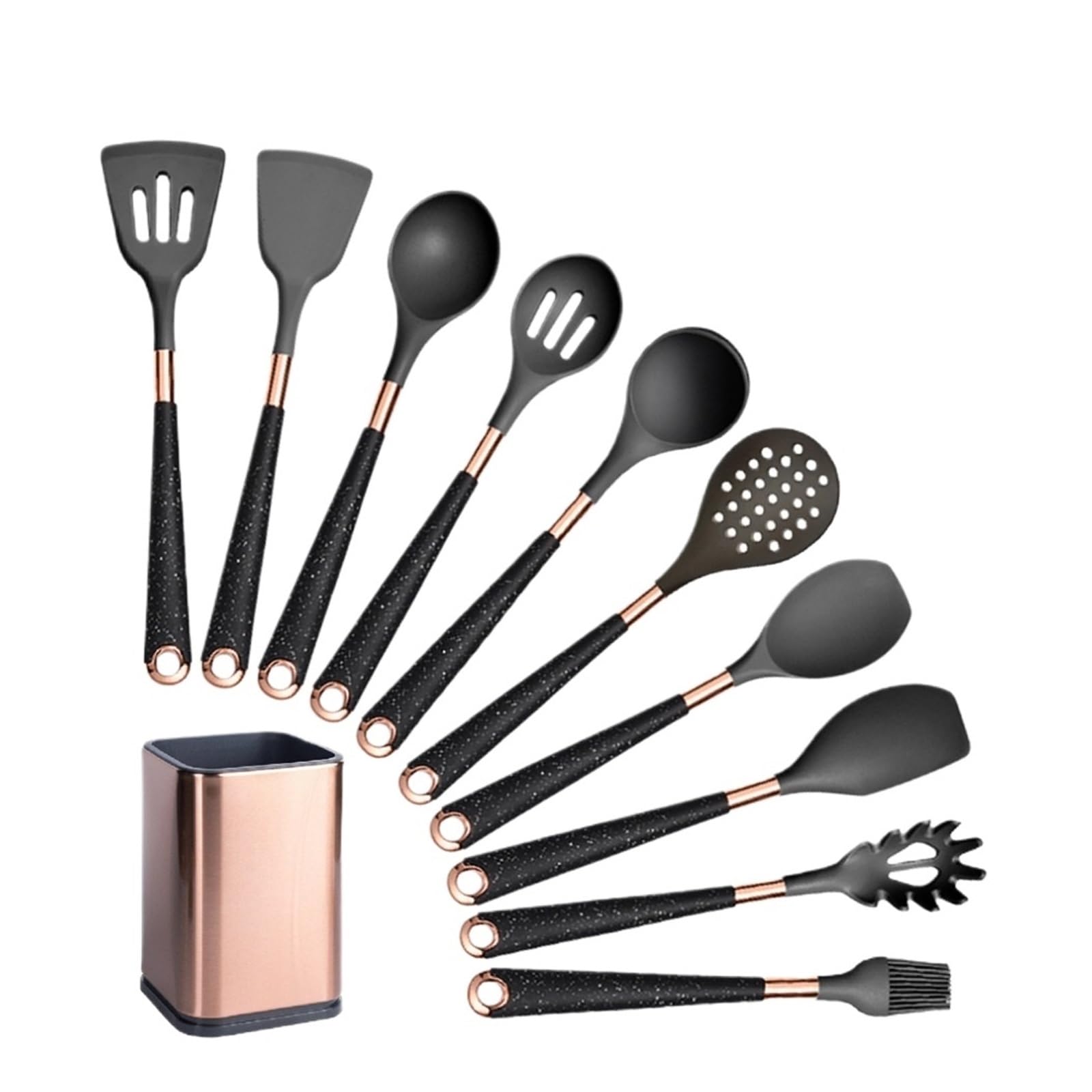 Juego de utensilios cocina silicona, antiadherentes, resistentes al calor, espátula, cuchara, mango oro rosa, con cubo(Black-010-1)