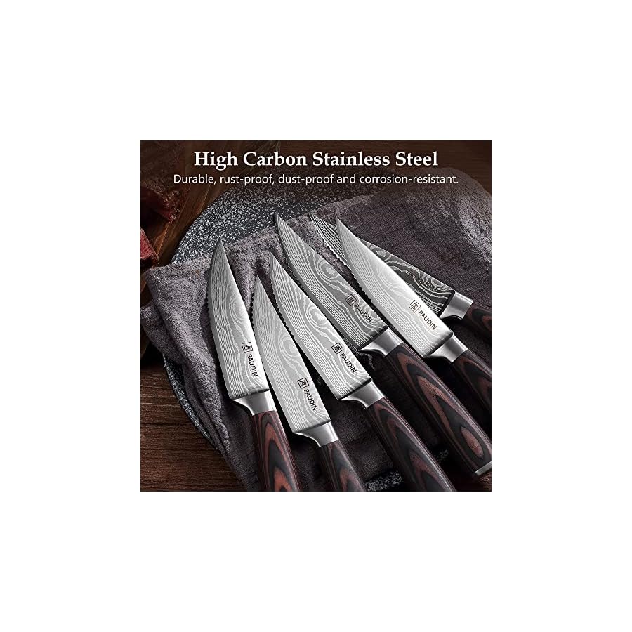 PAUDIN Steak Knives Set of 6, Kitchen Steak Knives 5.25 inch, High Carbon Stainless Steel Steak Knife Set, Super Sharp Serrated Steak Knives with Pakkawood Handle for Steak House Restaurant
