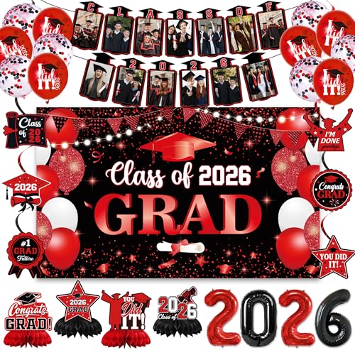 Image of Holkcog 2026 Graduation Decorations, Black Red Class of 2026 Congrats Graduation Backdrop, Balloons, Honeycomb ornament for Graduation Party Decorations, Outdoor Indoor Grad Party Decor Supply