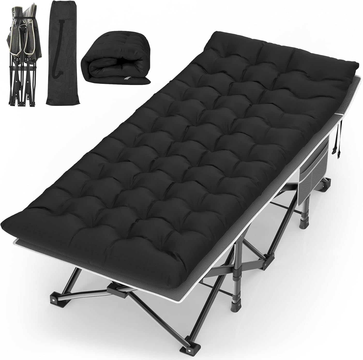 Suteck Camping Cot, 32In XXL Folding Camping Cot Heavy Duty Sleeping Bed for Adults 1200D Double Layer Oxford Cots for Camping W/Pilllow Mattress Carry Bag for Home Office Nap Beach Travel, 900LBS 79"×32"×19" Gray Black