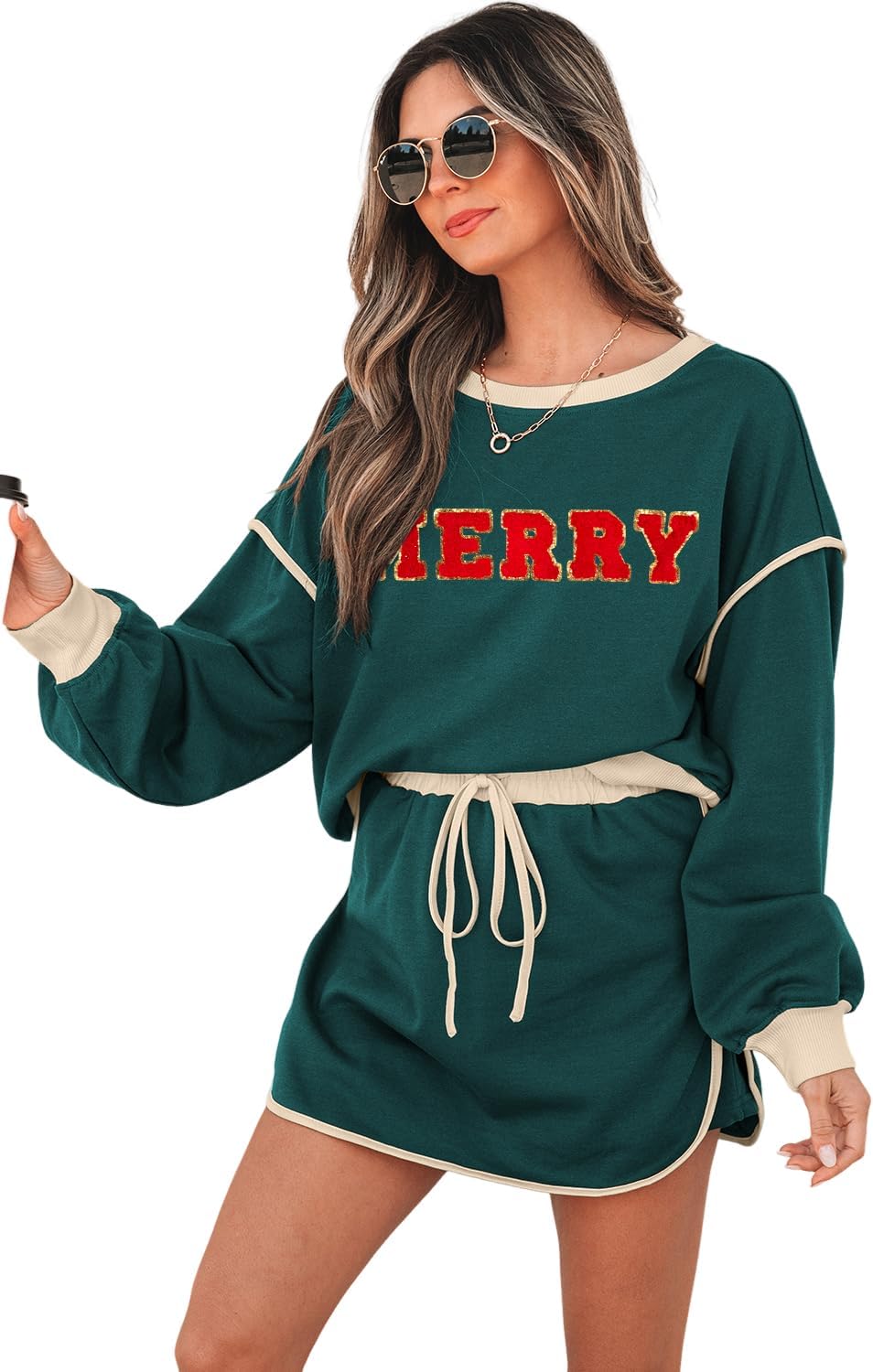 Women's 2 Piece Outfits Fall Casual Long Sleeve Sweatshirts and Drawstring Skort Matching Skirt Lounge Set - Image 4