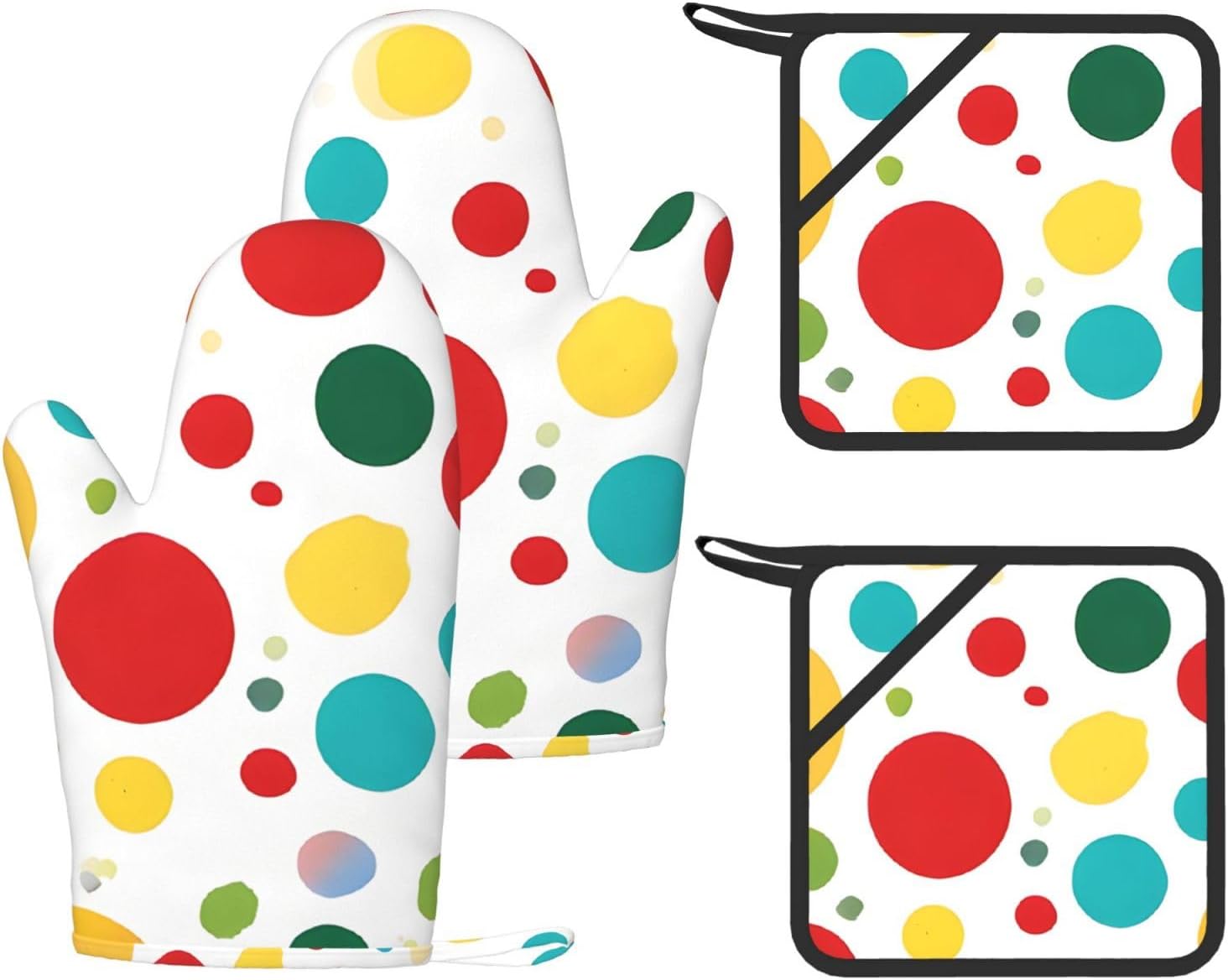 Twister Polka Dots 4pcs Oven Mitts and Pot Holders Sets for Kitchen, Silicone Oven Gloves Non-Slip Potholders Hot Pads for Baking Cooking