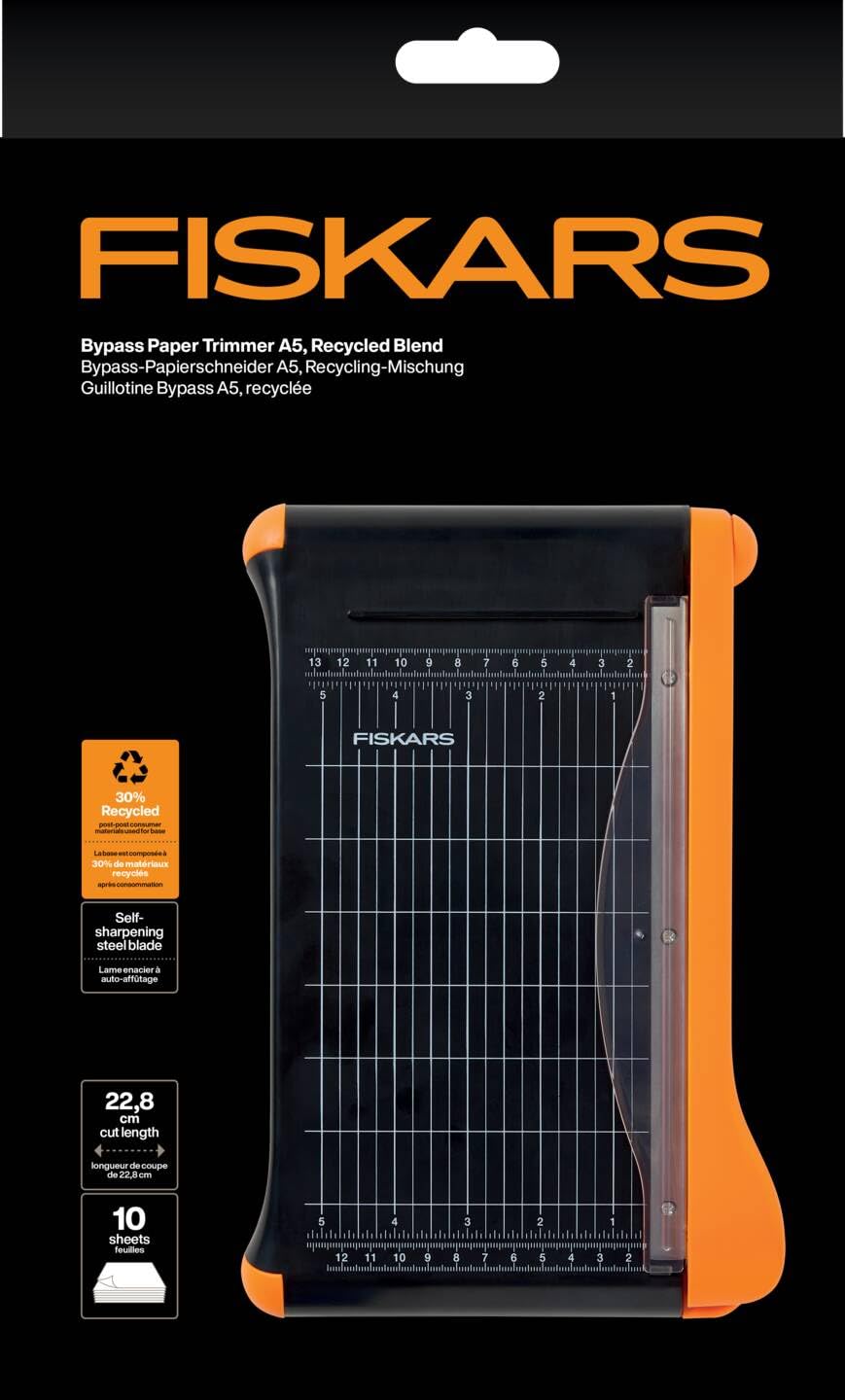 Fiskars Hebel-Papierschneidemaschine, A5-Hochformat, A4-Querformat, Selbstschärfende Klinge, Mit Fingerschutz, Bypass, Recycelte Materialien, 1077982