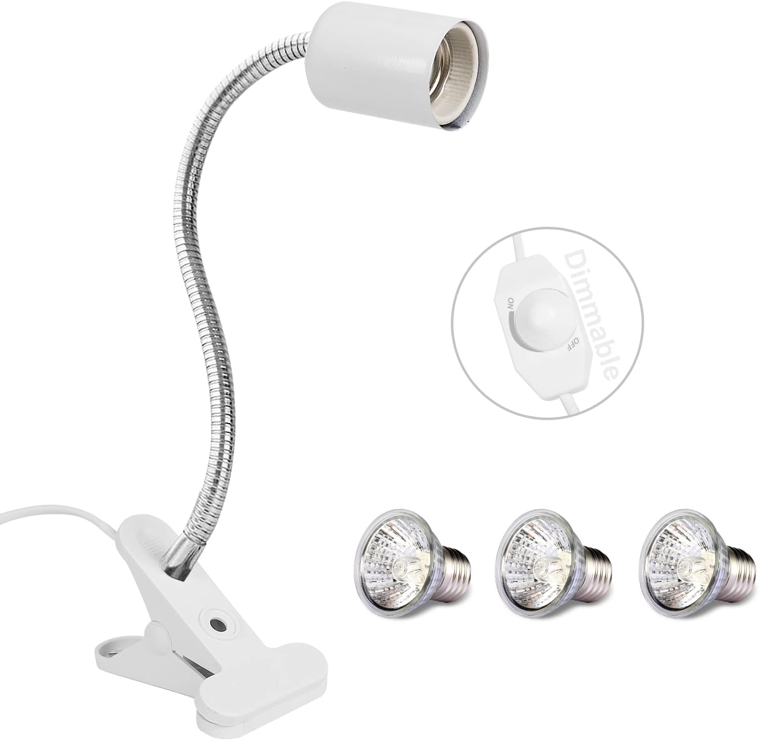 WUHOSTAM Dimmable 1-Pack White Adjustable Reptile Clamp Heat Lamp Fixture Holder with 3-Pack 30W Sun Basking Spot Lamp,Flexible Clamp…