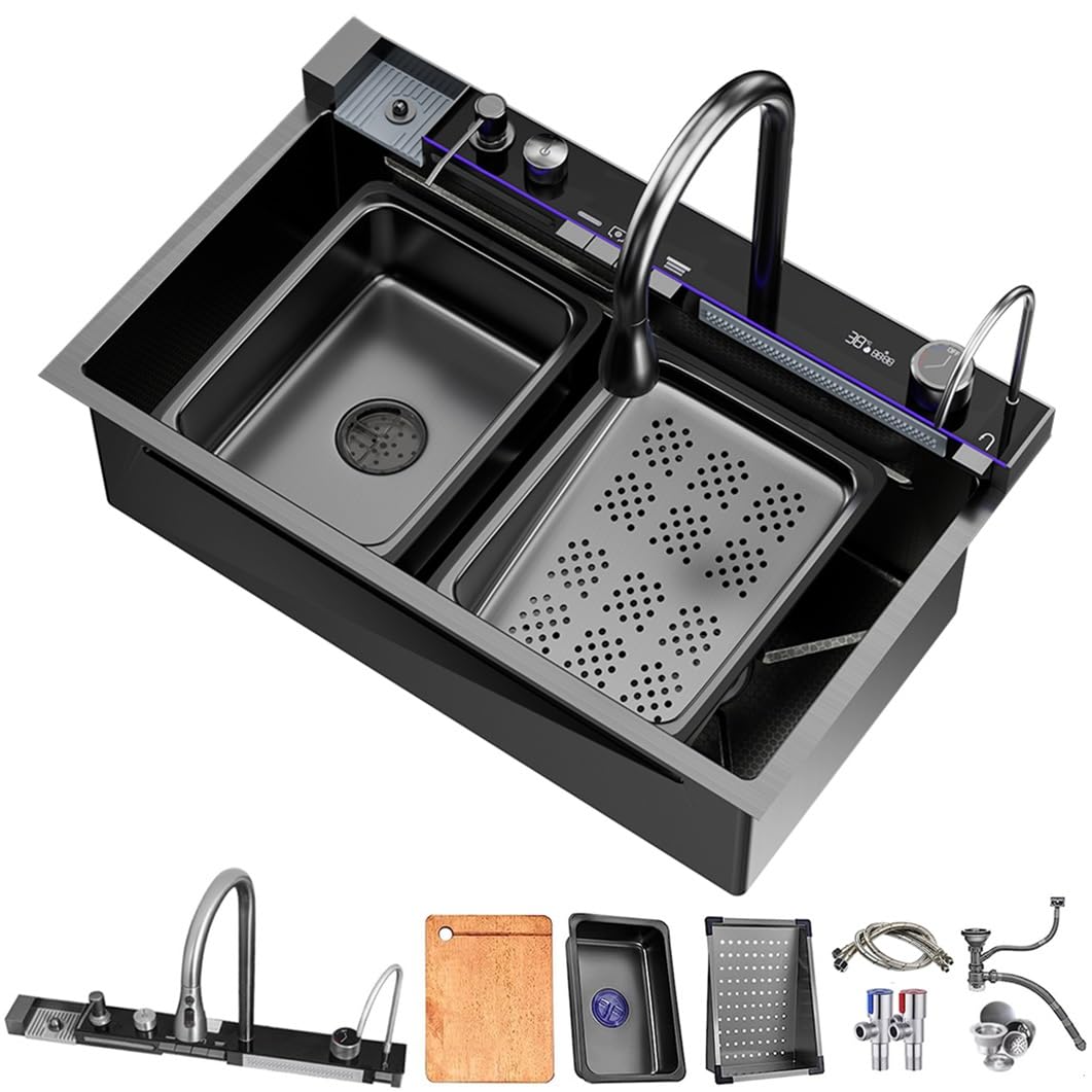 Lavello da cucina grande grigio nero, con display della temperatura a LED, rubinetto a cascata, rubinetto per bere, lavatazze e manopola di scarico, lavello da bar a vasca singola in acciaio inossid