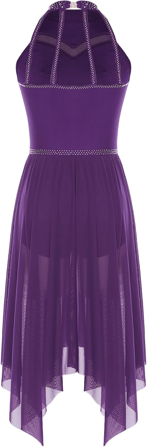JEATHA Women Lyrical Dance Dress Rhinestone Modern Contemporary Dancewear Halter Neck Mesh Chiffon Tulle Skirt