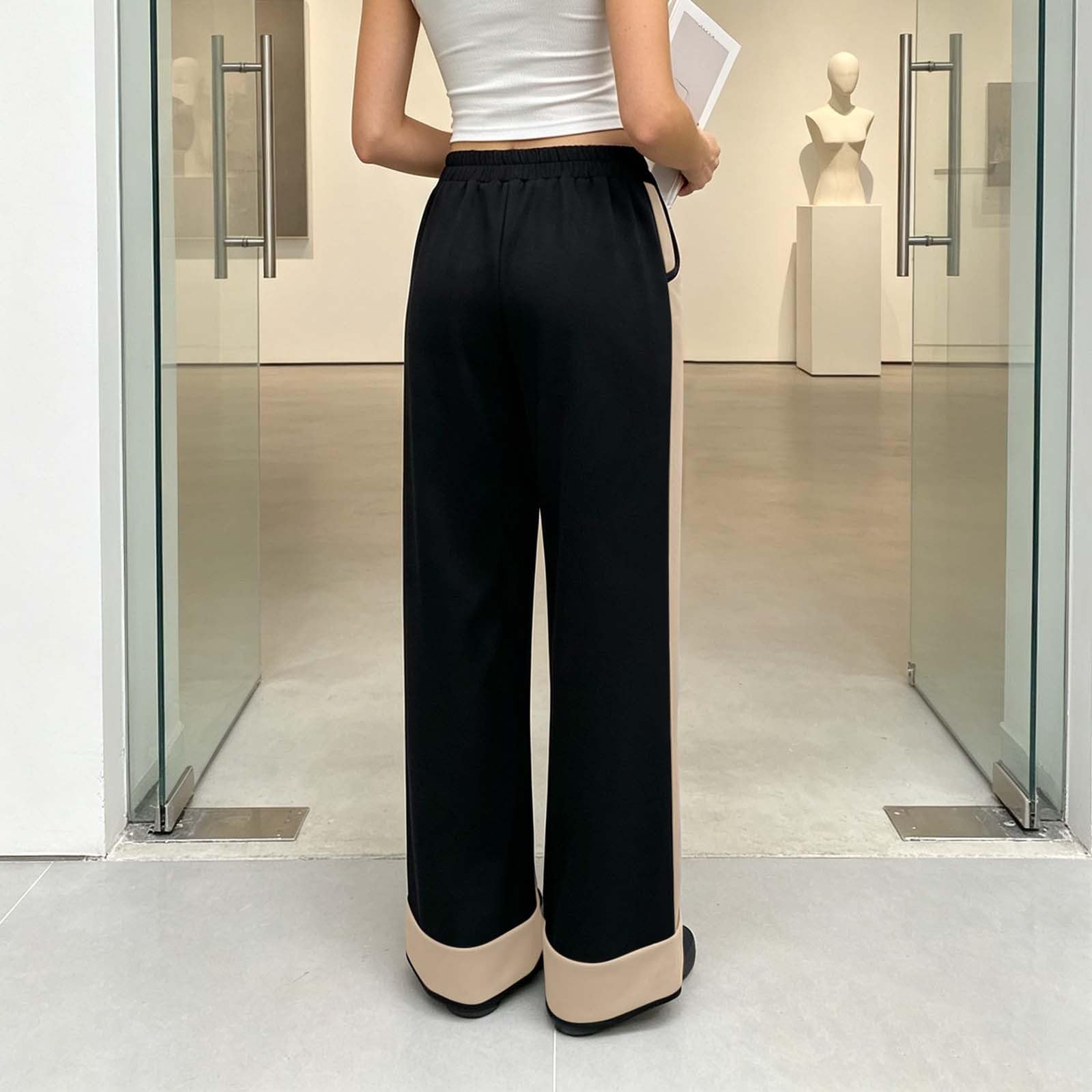 Pantalon Droit Femme Bloc De Couleurs Ourlet Retroussé Poches Décontracté
