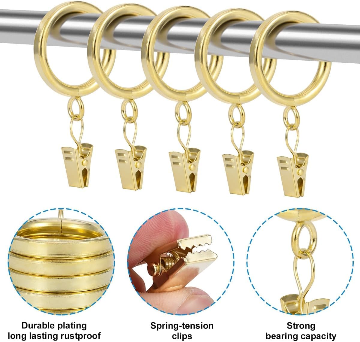 Curtain Rings with Clips - Set of 42, Interior Diameter 1.25inch,Fits Up to 1.0 Inch Rod (Gold-42pcs)