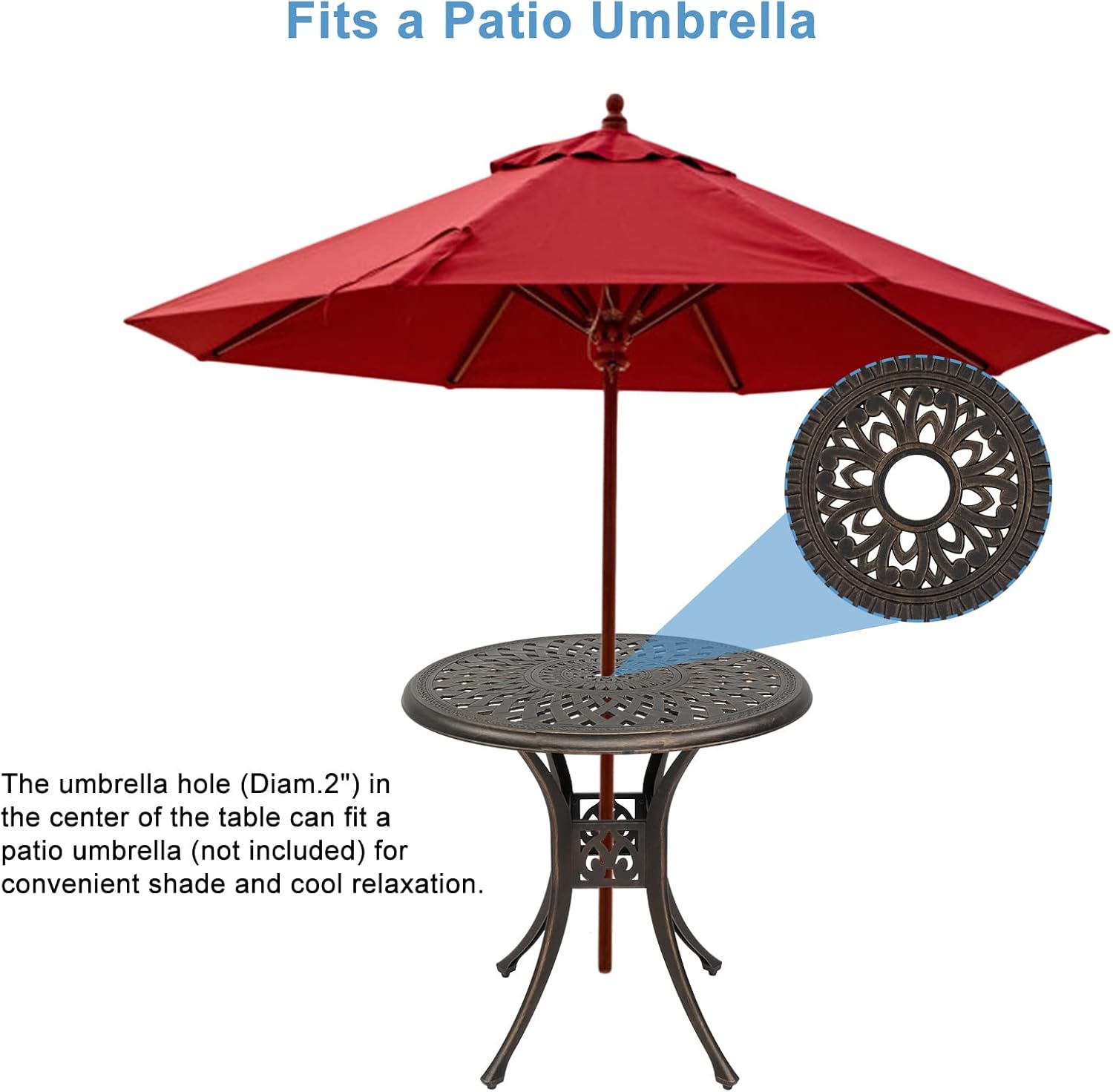 30 inch Round Patio Table, Cast Aluminum Outdoor Table, Outdoor Dining Table with Umbrella Hole, Small Bistro Table for Garden, Yard, Bronze