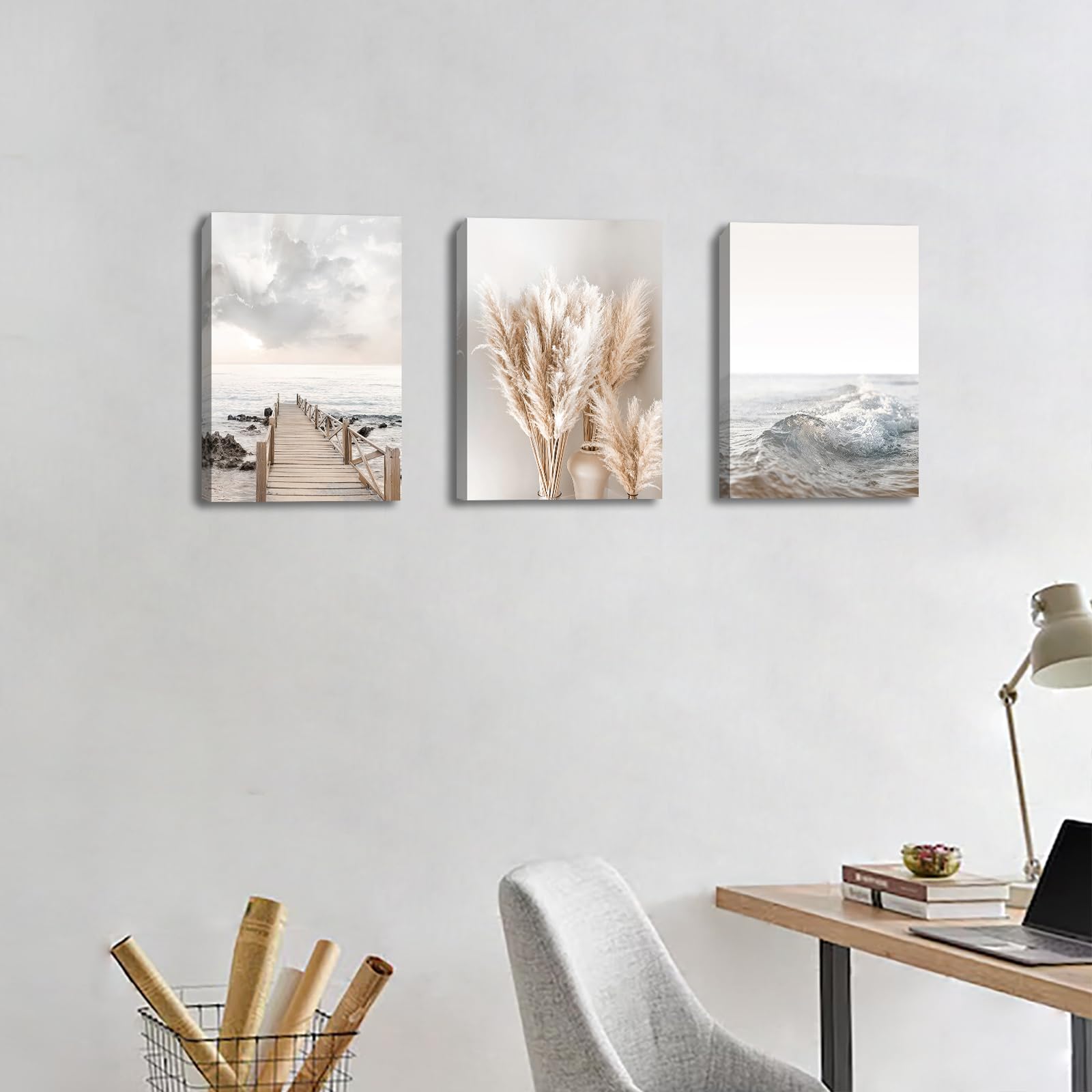 3 Pcs Wooden Framed Canvas Wall Art Set Bohemian Sage Green Canvas Prints Poster Geometric Line Beige Green Pictures for Living Room Bedroom Dinning Room Hallway Stairs Wall Decor 30x40cm x3pcs — view 366