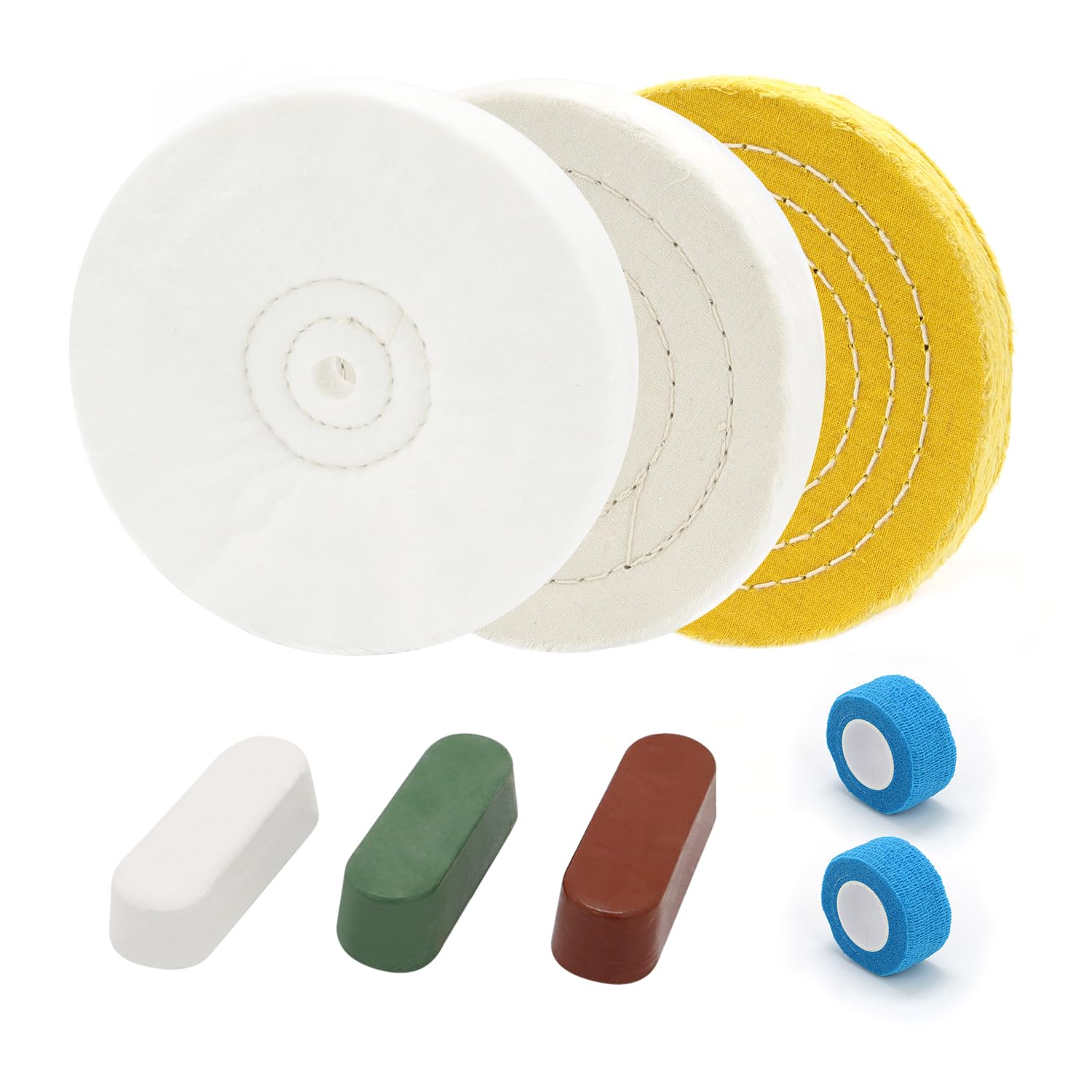 SCOTTCHEN 8inch Buffing Polishing Wheels 5/8" Arbor Hole,Soft/Fine/Medium for Bench Grinder-3PCS,with Buffing Polishing Cutting Compounds 7.4 Oz.Kit,with 2 Pack Non-Woven Bandage Wrap