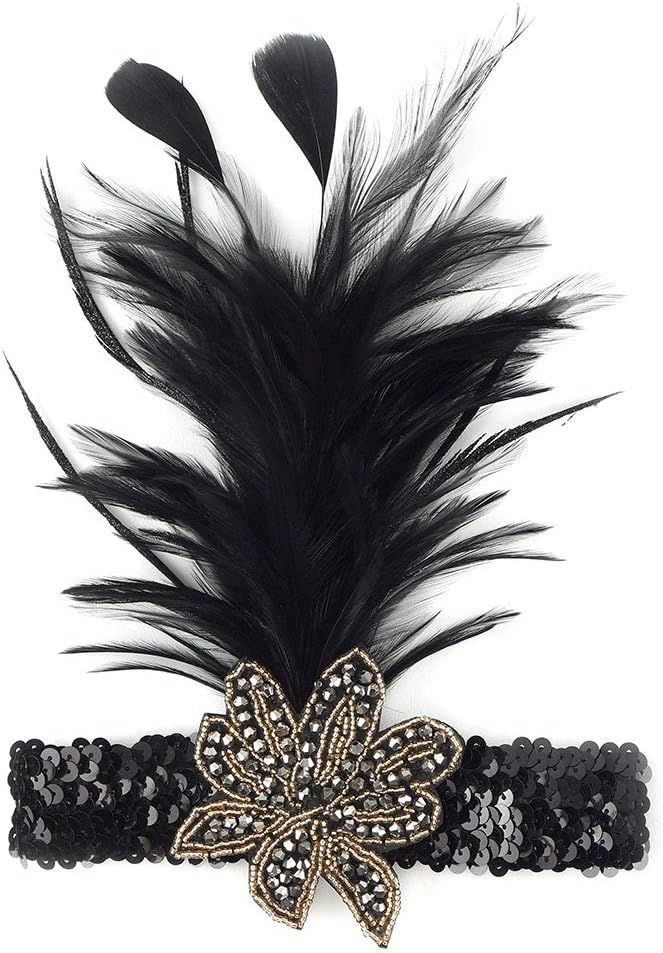 ZUCKER Art Deco Flapper Headband w/Hackle Feather Spray - Roaring 20's Great Gatsby Beaded Headpiece