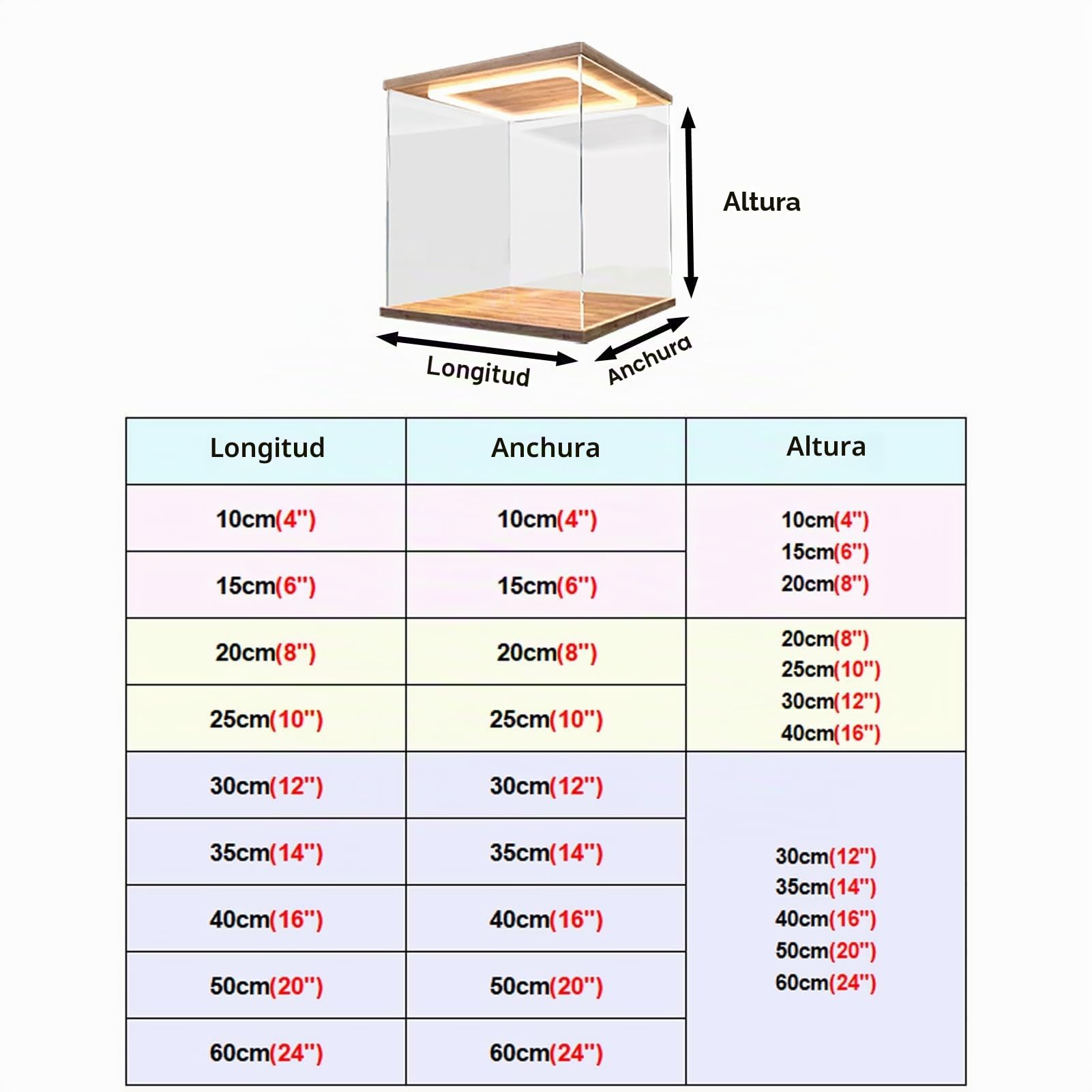 Vitrina Expositora Vitrina de Acrílico Transparente Iluminada, Caja de Almacenamiento para Encimera con Base de Madera y Plástico, Gabinete de Recolección de 10 15 20 25 30 35 40 50 60 Cm de Largo(20x