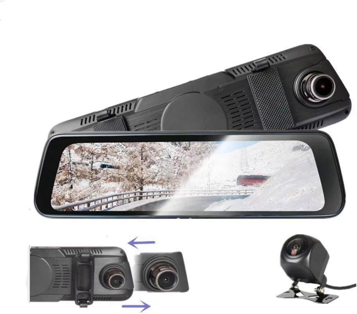 Bewinner Dash Cam mounted, showing adjustable front camera and rear camera