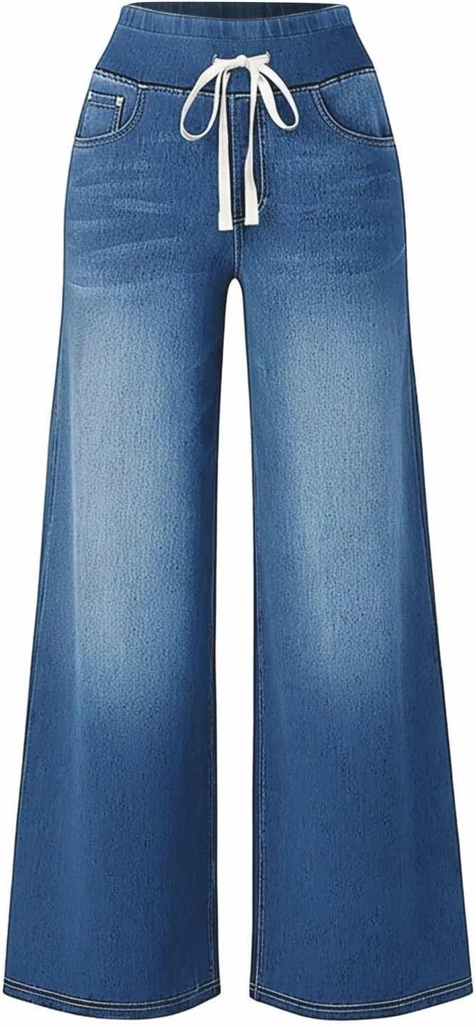 Womens Wide Leg Jeans High Waist Straight Leg Pull On Denim Pants Y2k Summer Casual Baggy Drawstring Palazzo Trouser