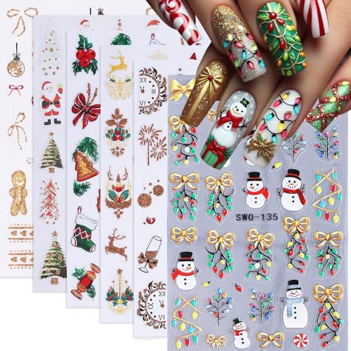Christmas Nail Art Stickers, Winter Nail Decals 3D Self-Adhesive Colorful Light String New Year Xmas Tree Glitter Reindeer Nail Design DIY Christmas Nail Decoration for Women Girls(6Sheets)