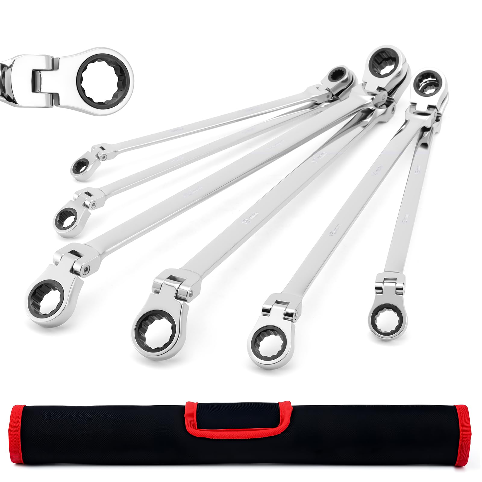 Mayouko Extra Long Flex-Head Ratcheting Wrench Set, 6-Piece Anti-Slip Double Box End Wrenches Set, Metric 8-19 mm, 72-Teeth, CR-V Steel, with Rolling Pouch, for Serpentine Belt Repair