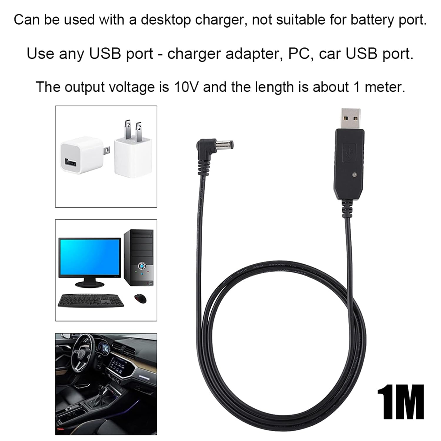 USB Charger Cable for 5R 82 BF F8HP 9R Plus, 10V Output Voltage, 1 Meter Length, Use with Any USB Port