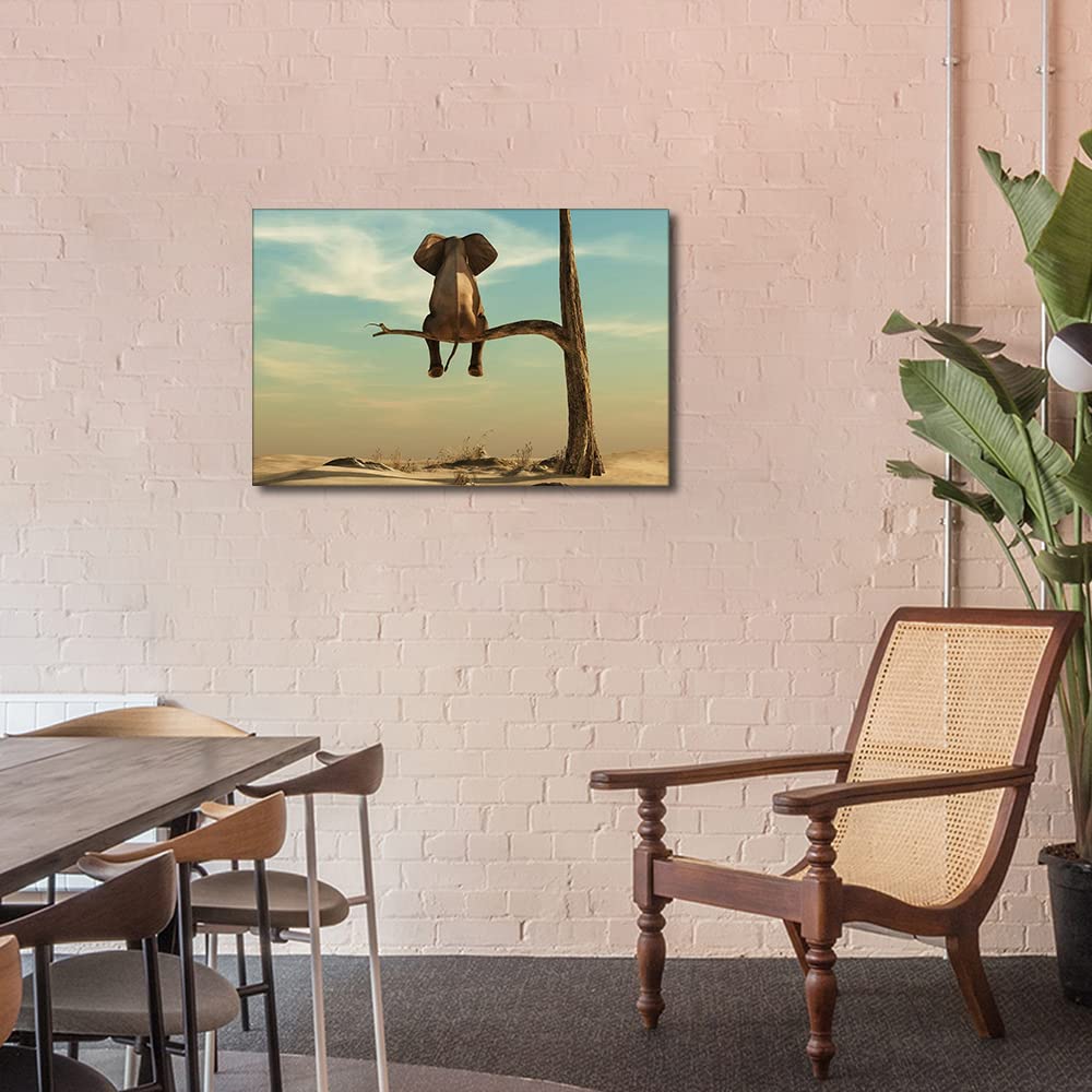 Canvas Wall Art Canvas Wall Art Wall Art Cute Animals Picture Ready to Hang for Home Decorations Children's Room Wall Decor 16x24inch (40x60cm) -An Elephant sits on a Branch - Image 2