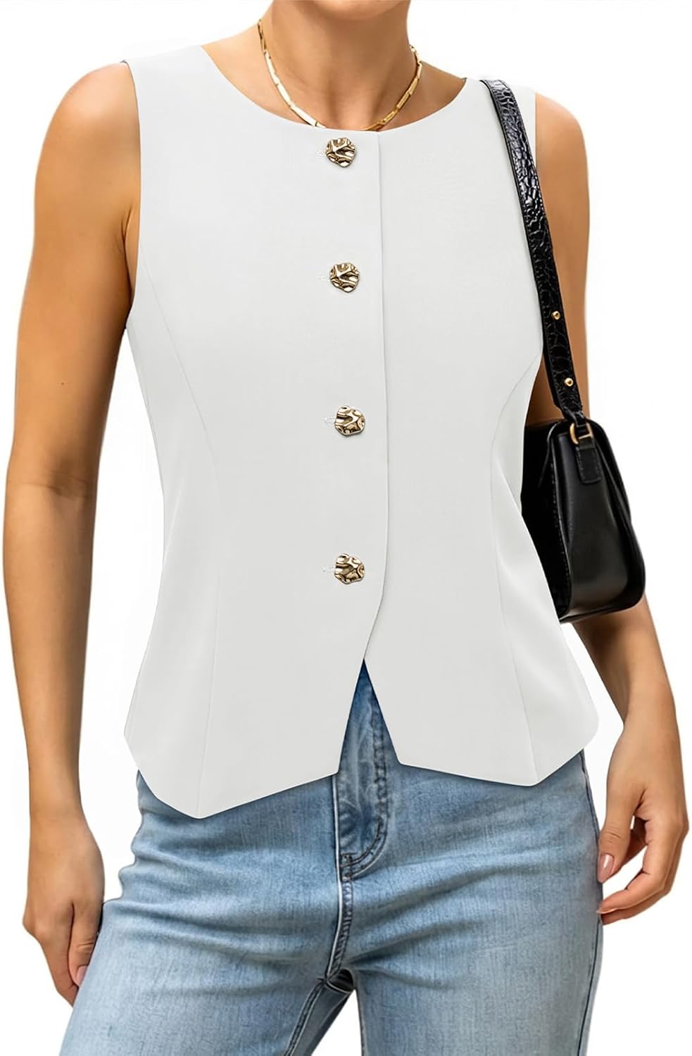 PINKMSTYLE Womens Suit Vest Sleeveless Button Down Vest Top Fitted Waistcoat Business Casual Summer Outfits White Medium