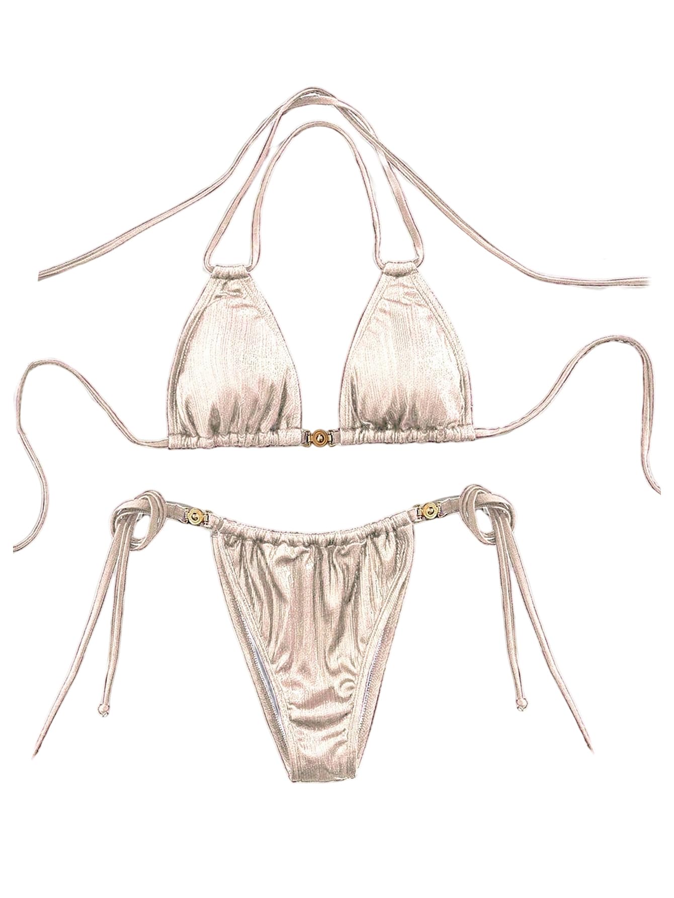 Damskie Metalowe Trójkątne Stringi Zestaw Bikini 2 Częściowe Stroje Kąpielowe Typu Halter String Śliczne Kostiumy Szampański Mały