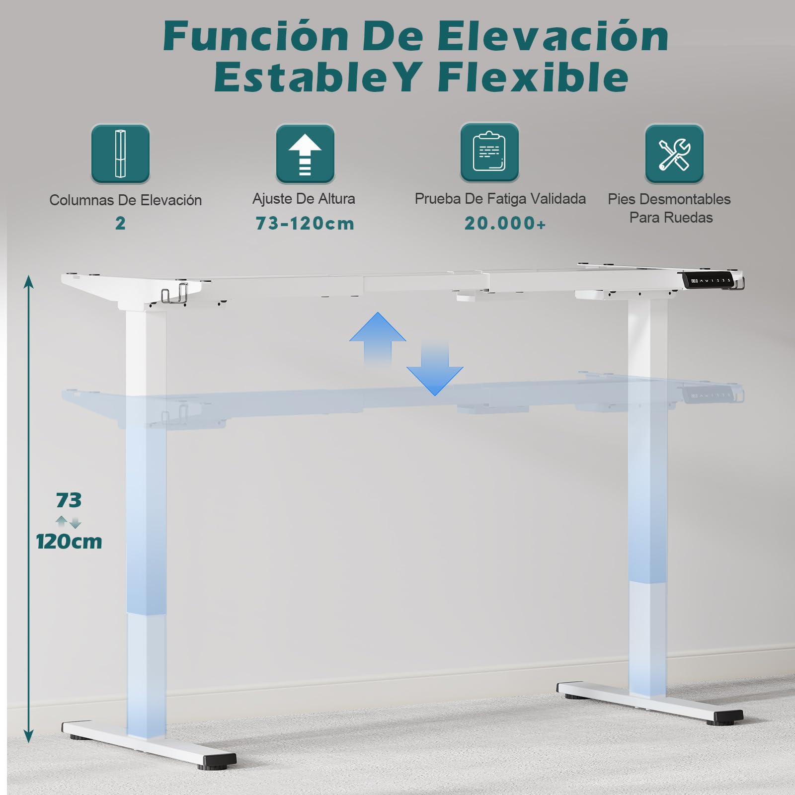 Devoko Estructura de Escritorio Regulable en Altura 73-120cm con 2 Motores Potentes Marco de Escritorio de pie con 3 Botones de Memoria y Ruedas, Ganchos, Caja de Gestión de Cables Blanco