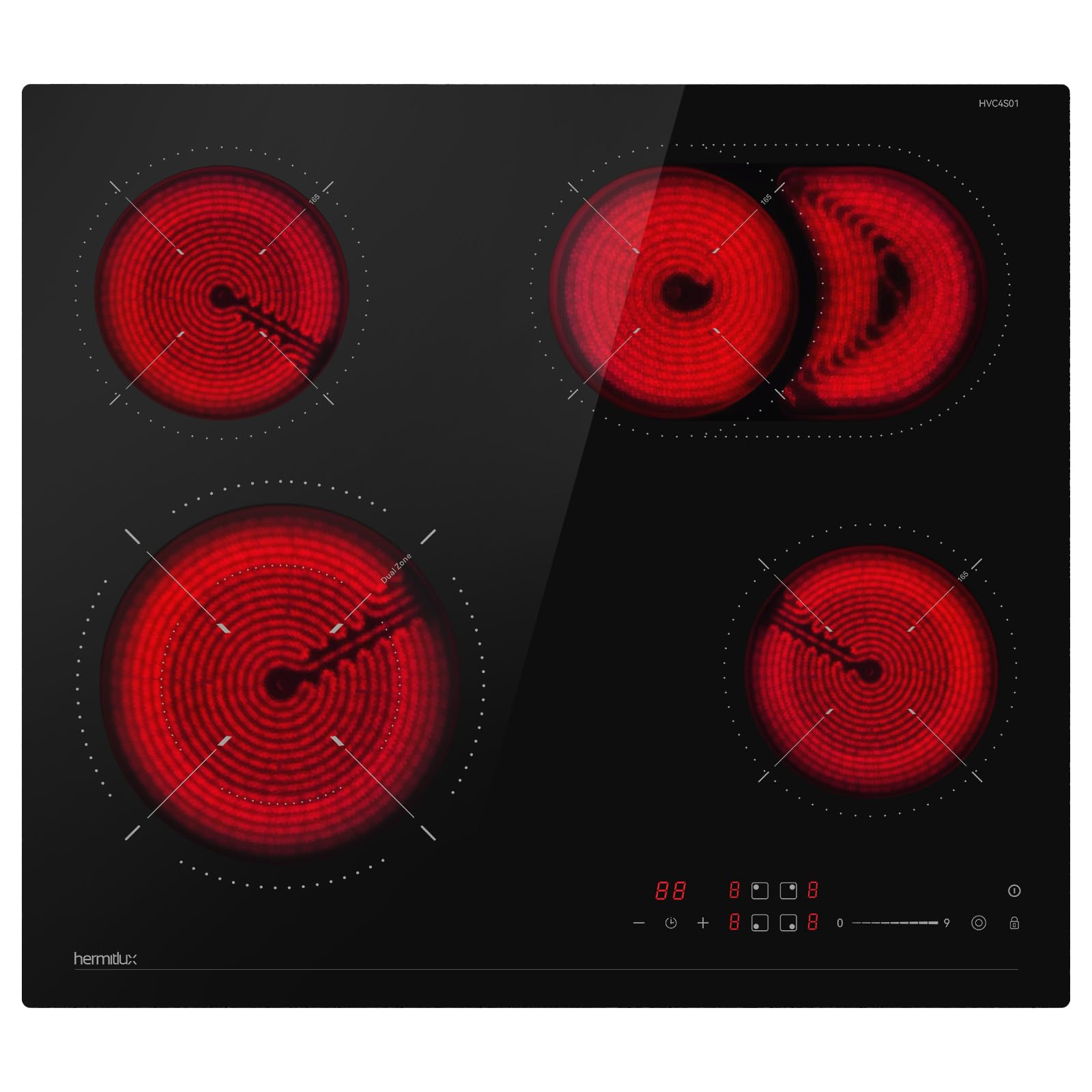 Hermitlux Glaskeramikkochfeld 59cm 4 Platten mit Duale und Ovale Zonen, 9 Heizstufen, 7200 W, Timer, Kindersicherung, Geeignet für alle Pfannen, Kein Stecker