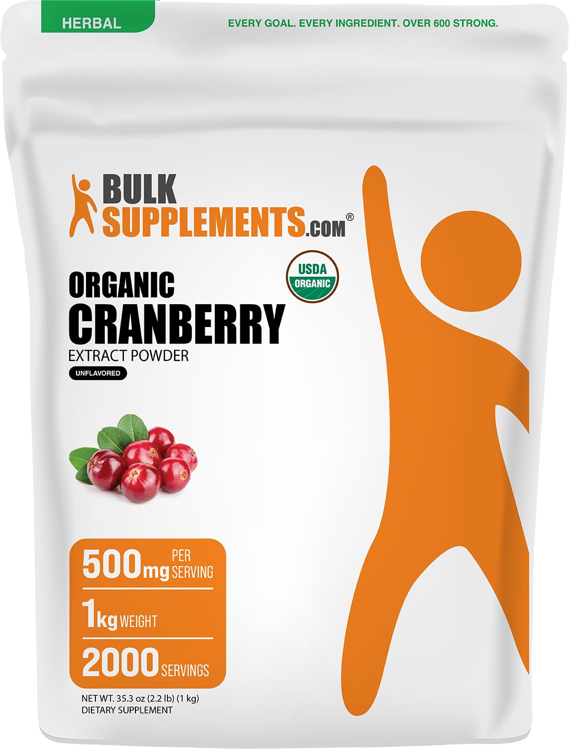 BulkSupplements.com Cranberry Extract Powder - Cranberry Flavoring Powder, Sourced from Vaccinium Macrocarpon Fruit - Vegan & Gluten Free, 500mg per Serving, 1kg (2.2 lbs) (Pack of 1) 35.2 Ounce (Pack of 1)