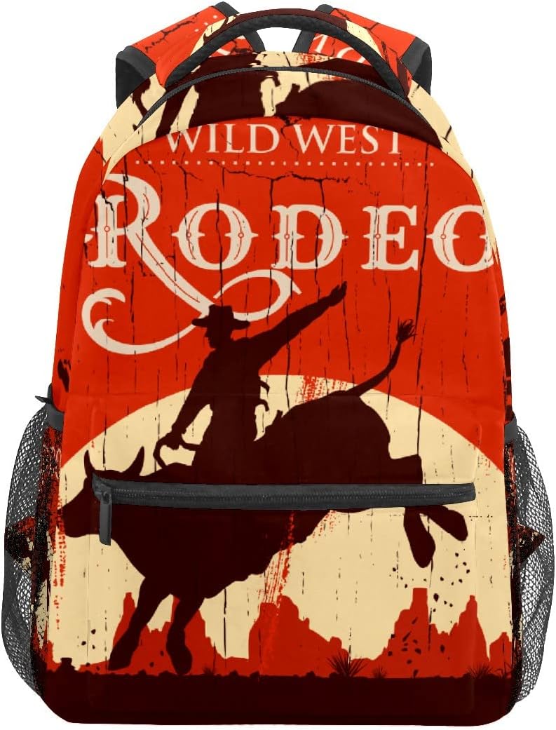School Bag Girls Boys Backpack Wild Rodeo Cowboy Red Student Shoulder Book Bag Boy Girl Lightweight Durable Middle Elementary College Bags Satchel Travel Bag Hiking Camping Daypack
