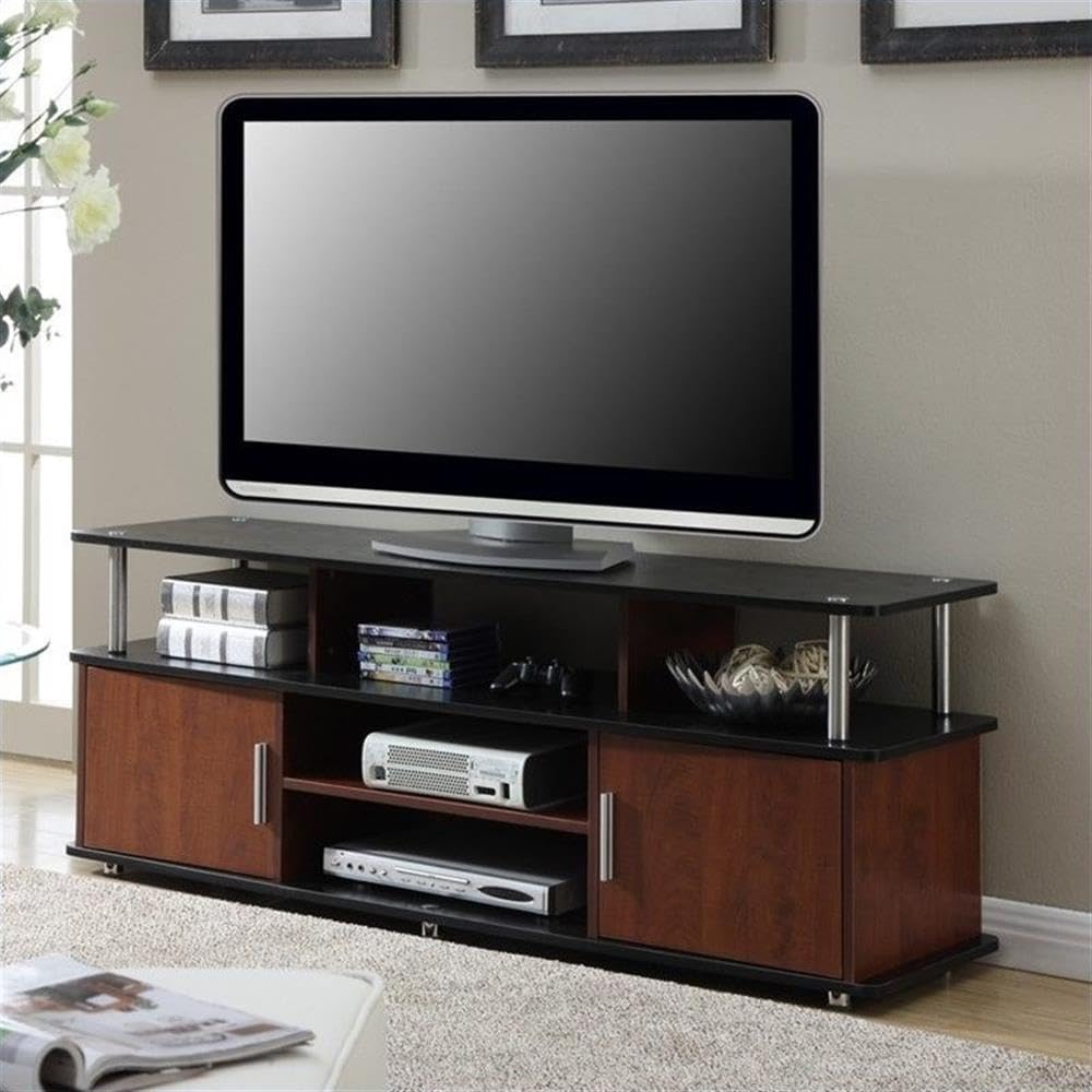 Pemberly Row Modern Wood TV Stand, 59" Wide, Cherry/Black Finish, 2 Cabinets, 3 Open Shelves, Large Storage for Media Components, Easy Assembly, Sleek Design for Living Room or Entertainment Area