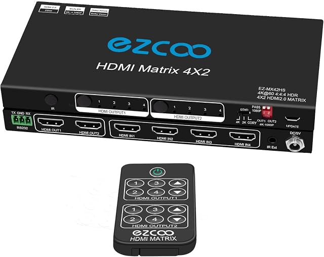HDMI Matrix 4x2 4K 60Hz 4:4:4 HDR D-o-l-b-y Vision D-o-l-b-y Atmos EDID Scaler Switch- HDMI Scale 4K 1080P Firmware Upgrade HDCP 2.2 HDMI 2.0 Matrix 4 in 2 Out 18Gbps RS232 IR Ext Remote,Slim MX42HS
