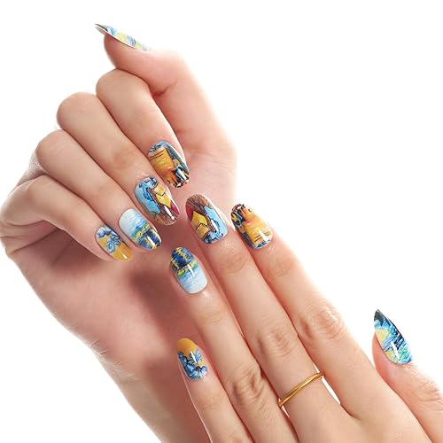 Miniatura 8 de GLAMERMAID Uñas postizas a presión ovaladas medianas, uñas de gel con pegamento, 24 piezas de uñas postizas acrílicas ovaladas cortas,