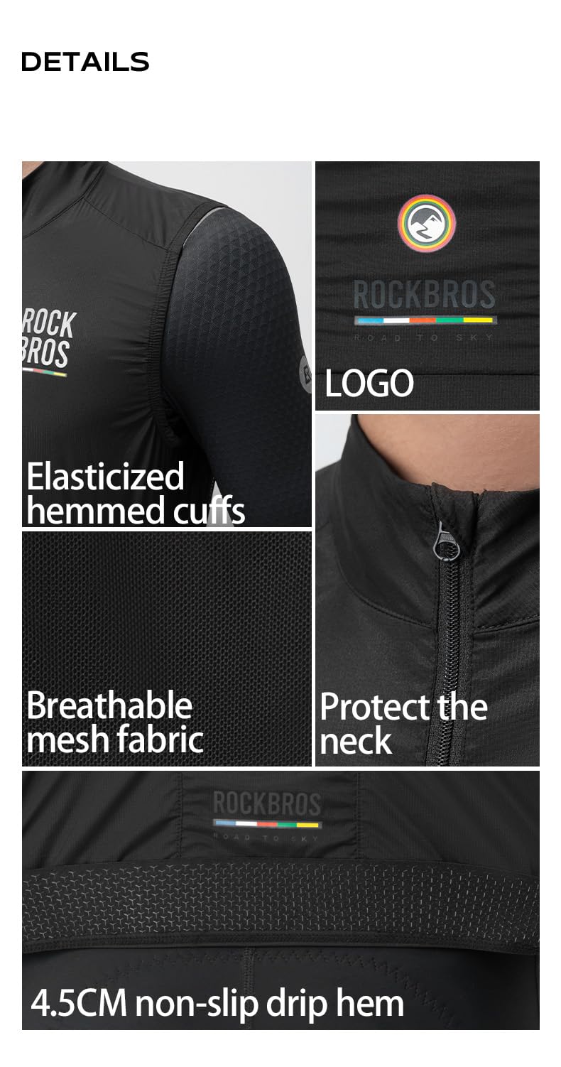 ROCKBROS Road to Sky Gilet da Ciclismo Uomo, Gilet Uomo Sportivo Antivento, Asciugatura Rapida, per Running, Bicicletta, Bici da Corsa, MTB, Gravel, Smanicato, Nero