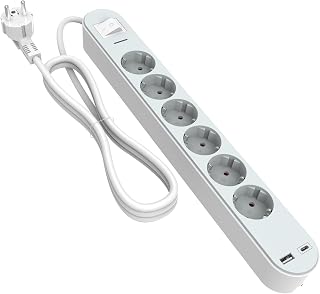 Steckdosenleiste mit USB-C PD 20W und USB A, Überspannungsschutz, TÜV GS Zertifiziert, 6-Fach Mehrfachsteckdose mit Schalter, Wandmontage,1,5m Kabel für Zuhause und Büro