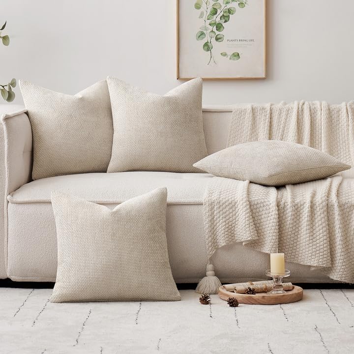 Image of MIULEE Pack of 4 Couch Throw Pillow Covers 24x24 Inch Cream Soft Decorative Chenille Pillow Covers Farmhouse Accent Cushion Covers for Boho Spring Home Decor Sofa Bedroom Living Room